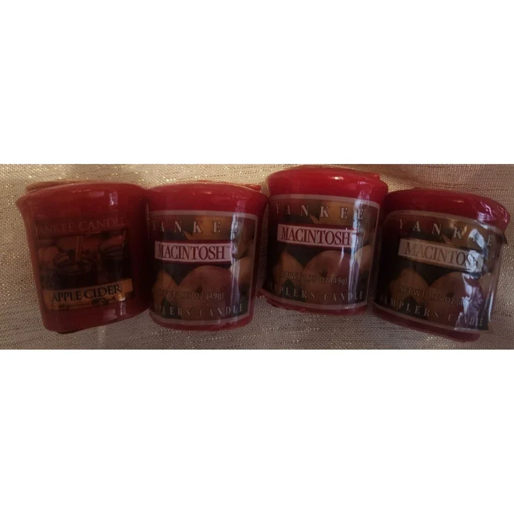 Lot of 4 Yankee Candle Macintosh + Apple Cider Votive Candles Red NEW WRAPPED